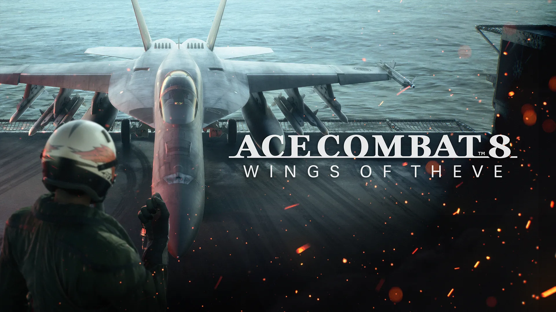 Fighter jet on an aircraft carrier deck with a deck crew member looking on, from ACE COMBAT 8: WINGS OF THEVE
